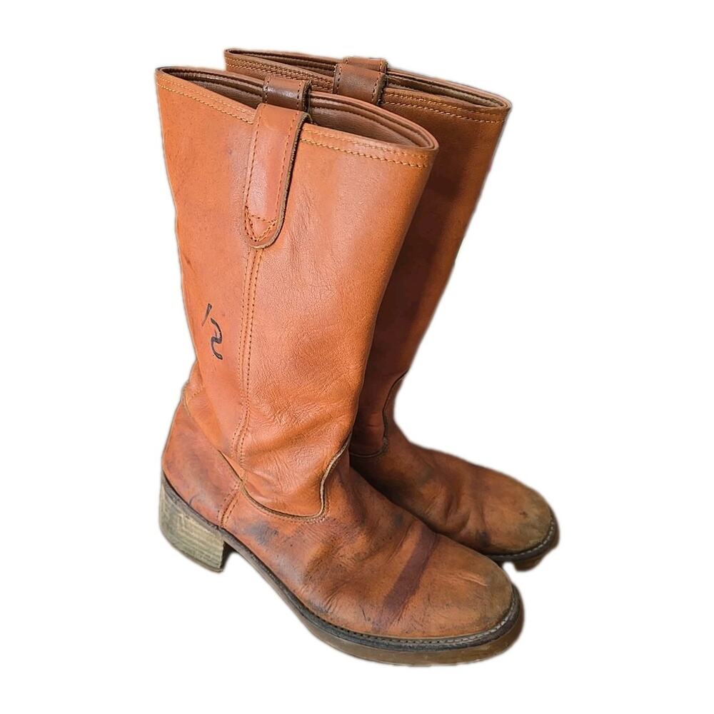 Vtg Double-H Orange Leather Round Toe Pull On Cowboy Western Boots Mens‎ 11D